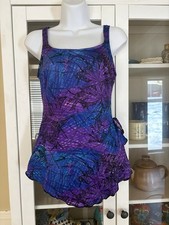 Womens Vintage 80s One Piece Swimsuit Size 12 Purple Teal Floral Skirted