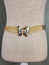 Vintage 80s Stretch Rope Belt Enamel Butterfly Buckle 28" Long Cream Braided