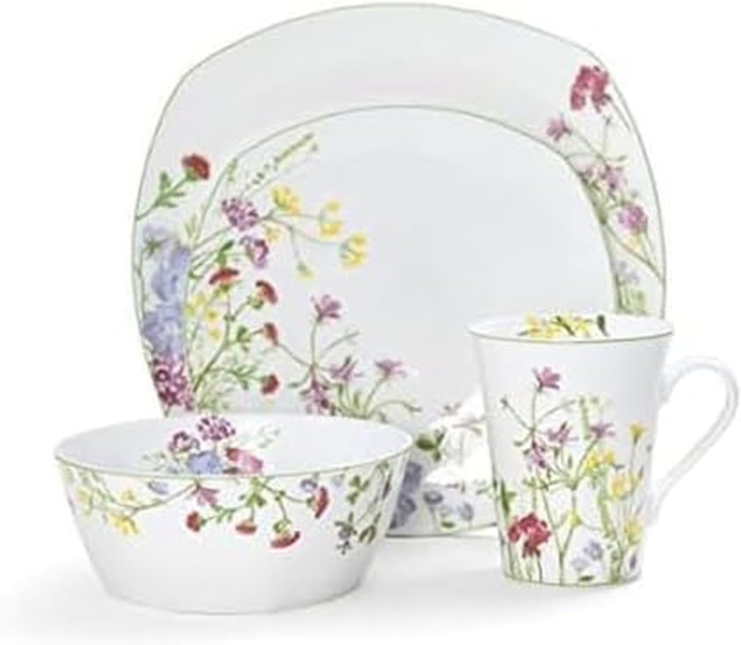 Wildflower Garden Dinnerware Set, 16-Piece Bone China Dishes Service for 4, Squa