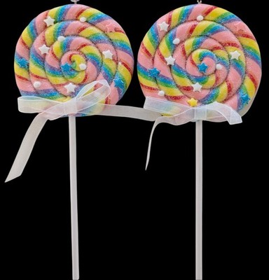 2 Pc Sugary Sweet Pastel Swirl Lollipop Ornaments Candy Land Sprinkles Claydough