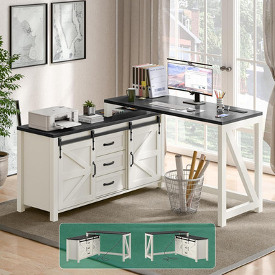 Executive L Shaped Office Desk with Drawers, Farmhouse Corner Desk for Home Offi