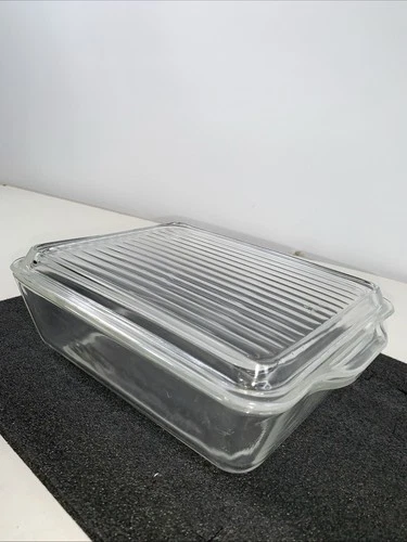 Vintage PYREX Reeded Glass Refrigerator 503-B, 503-C Clear Glass Set Lid & Dish