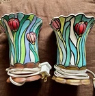 Vintage Table Tulip Lamps Set Tiffany Style Stained Glass Look Lamp Pair