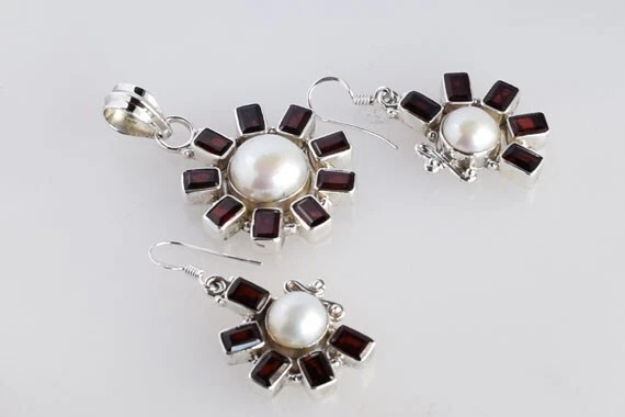 Set orecchini pendenti perle granato naturale argento sterling 925 gioielli... - Immagine 3 di 4