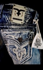  250 Mens Rock Revival Jeans "Tate" Thick Leather Inserts Straight 30 X 33 
