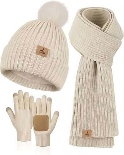 LOROME Women's Winter Beanie Hat Scarf Gloves Set - Fleece Knitted Pompom Set With Touchscreen Gloves