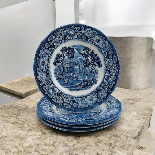 Staffordshire Liberty Blue Monticello 5 7/8" Bread & Butter Plates Vtg Set of 4