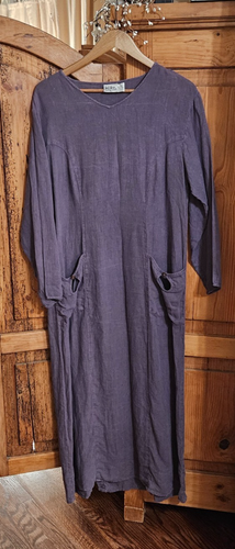 KIKO 100% Linen Purple Lagenlook Maxi Dress w/ Pockets M (Pit: 20"XLength: 53")