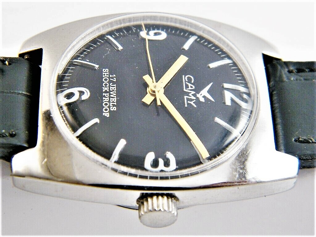 Montre Mécanique Suisse CAMY Genève Vintage 1985 - Boîtier Acier, Cadran Noir Chiffres Romains - Occasion