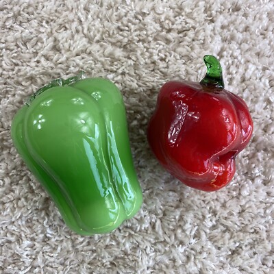 Decorative Glass Vegetables Bell Peppers Green Red Hand Blown Glass set of 2