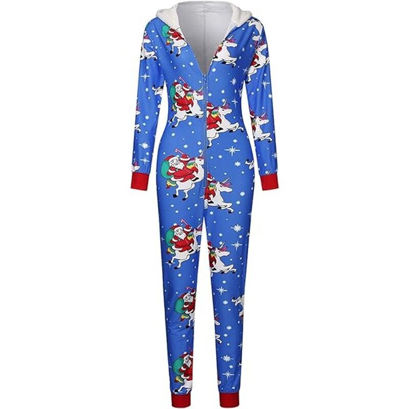 Women One Piece Printed Ugly Christmas Pajamas V-Neck Hoodie