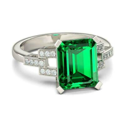 3.50Ct Emerald Cut Green Emerald Solitaire Engagement Ring 14K White Gold Finish