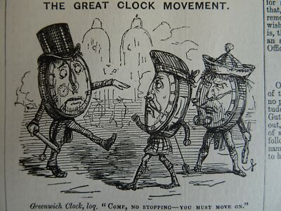 c1848 THE GREAT CLOCK MOVEMENT - GREENWICH TIME Original Victorian Punch Cartoon
