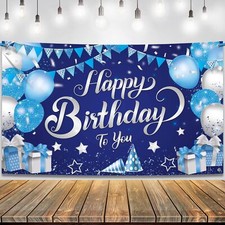 Blue and Silver Happy Birthday Backdrop Banner Sign Photo Background Party Decor