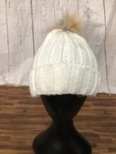 Women's White Winter Knitted Beanie Hat with Faux Fur Pom Pom One Size