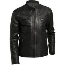 Mens Biker Real Lambskin Leather Jacket With Buckle Strap Collar
