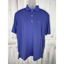 MENS TURTLESON BLUE YELLOW STRIPED SHORT SLEEVE LOGO WICKING POLO GOLF SHIRT L