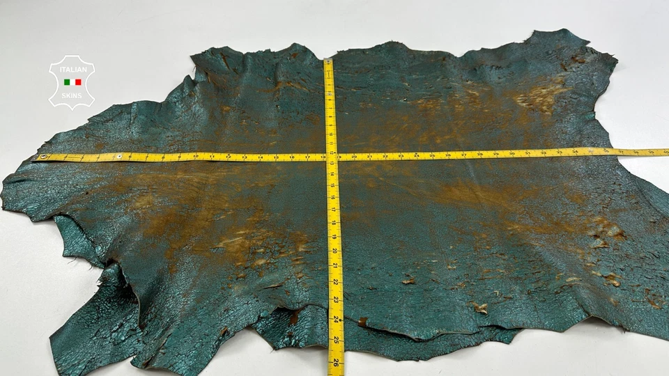 METALLIC TEAL GREEN CRACKED Thick Soft Lamb Leather 2 skins 12+sqf 1.5mm #C4498 - Image 4 of 4