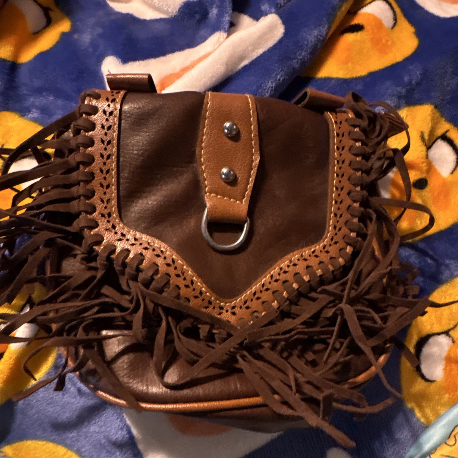 Brown Fringe Studded Shoulder Bag w/ Magnetic Snap & Zip Western Boho Style