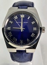 MICHAEL KORS UNISEX STAINLESS STEEL WATER RESISTANT 10ATM BLUE DIAL LEATHER BAND