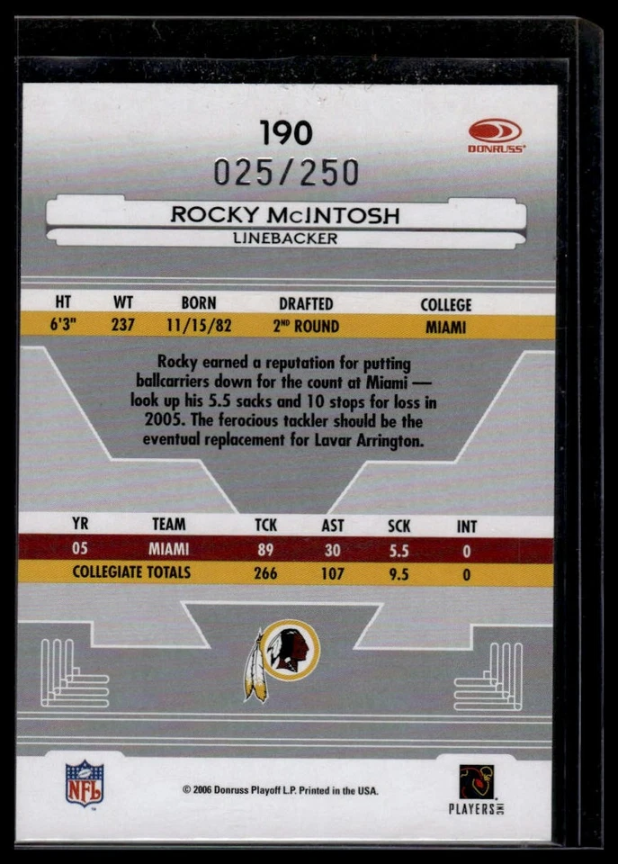 2006 Leaf Certified Materials Rocky McIntosh #190 Mirror Red Auto 25/250 Rookie - Image 2 of 2