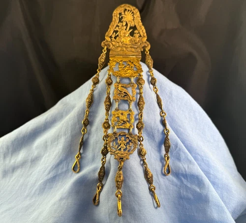 ANTIQUE FIGURAL BIRD FIGURES GILT BRASS CHATELAINE SEWING POCKET WATCH CHAIN