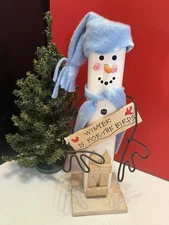 Vintage 13” Wood Post Snowman “WINTER IS FOR THE BIRDS” Sign Wire Arms Hat Scarf