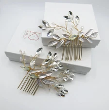 Stunning Rhinestone Gem Bridal 2 PC Hair Gold Comb Set