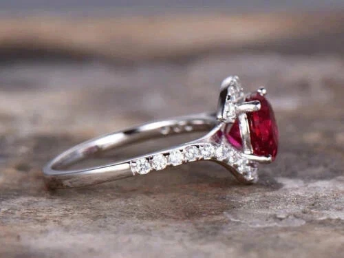 solid 14K White Gold Plated 2.20Ct Round Cut Lab-Created Red Ruby Ring - Image 2 of 4