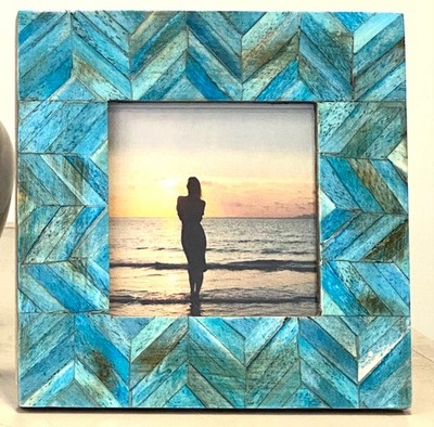 Handmade India Wood &Bone/Horn Chevron Inlay Pattern Blue Tones 4x4 Photo Frame