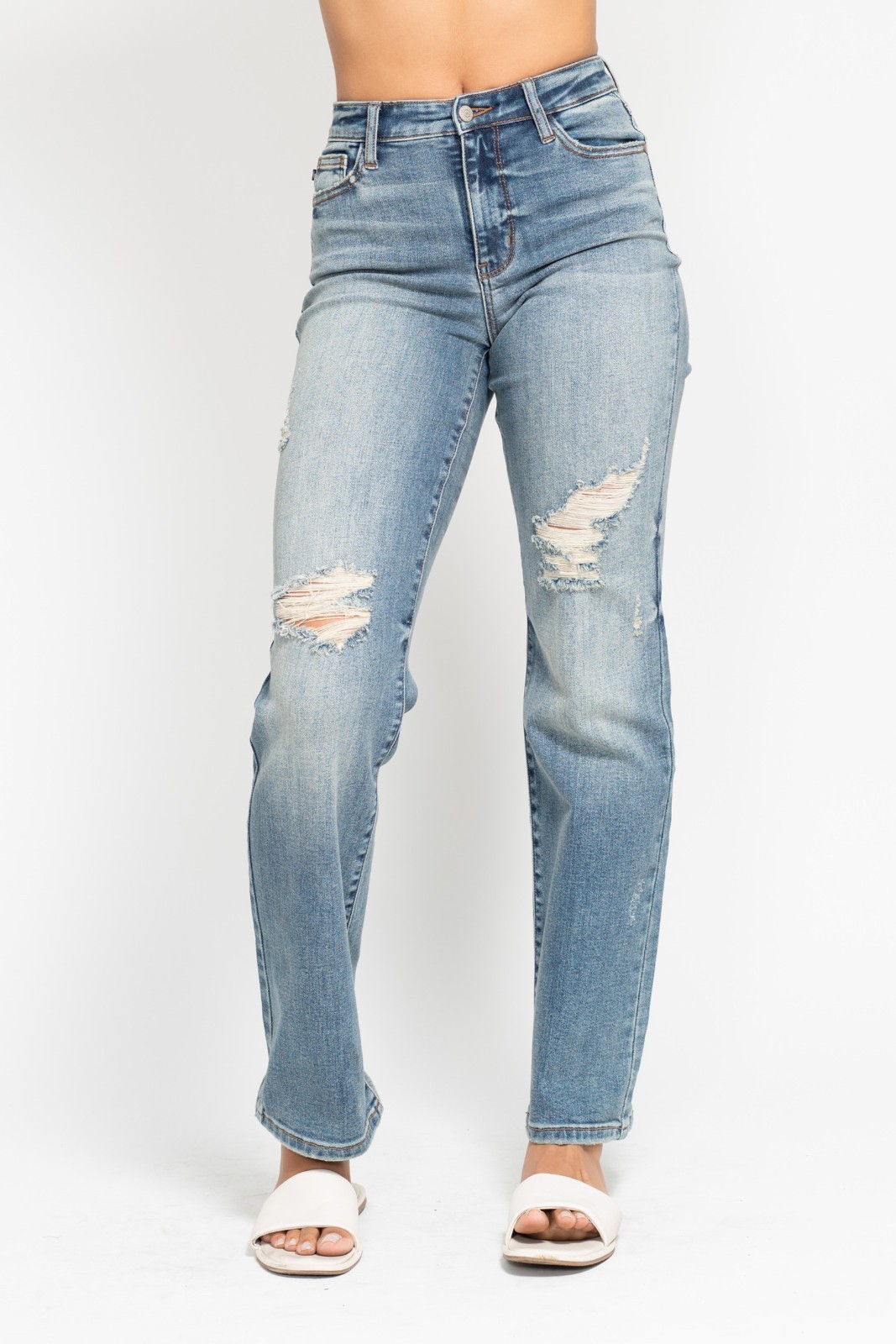 Judy Blue Women's High Waist Dad Straight w/Harsh Tint & Destroy 9 (29)