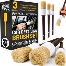 Soft Boar Hair Car Detailing Brush Set - 3-Pack, Brown - Car Detailing Kit for V
