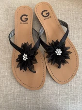 G By Guess   Black Floral Rhinestone Thong Flip Flop Sandals Women’s 11 Medium