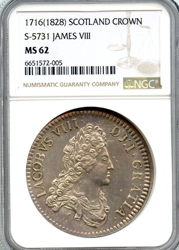 SCOTLAND 1716 Pattern Silver Crown. James VIII, Mintage 60pcs. NGC graded MS-62