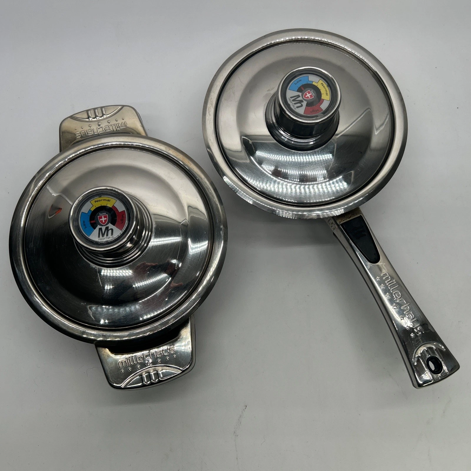MillerHaus Pair 7" Sauce Pots w Lid w Temp SN 1968116 Germany 18-10 Stainless