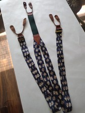 VTG Polo Ralph Lauren Blue Navy Graphic Diamond Silk Leather Brass Suspenders
