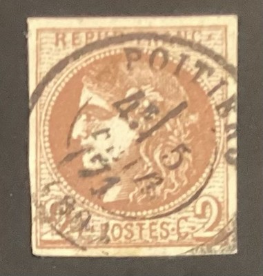 Vintage French Stamp Yvert #40B Ceres 2c. Brique Bordeaux Used Imperf VF Signed