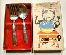Vintage Holmes  Edwards Child  s Spoon Fork Set Silver Plate with Box 1940's