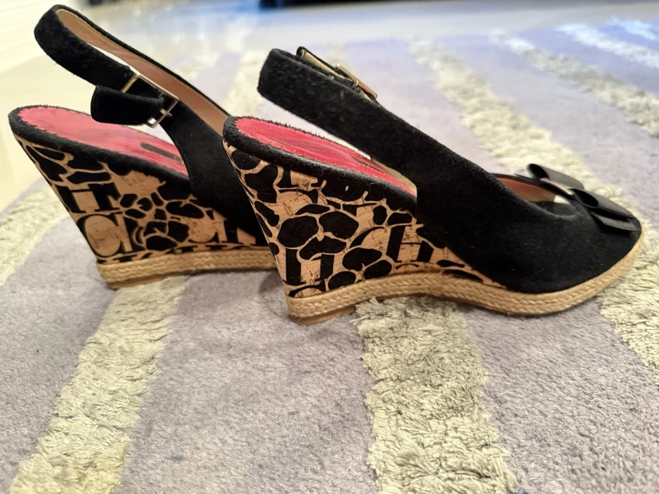 CH Carolina Herrera Black Patent Leather Cork Platform Wedge Slingback Pumps - Image 2 of 3