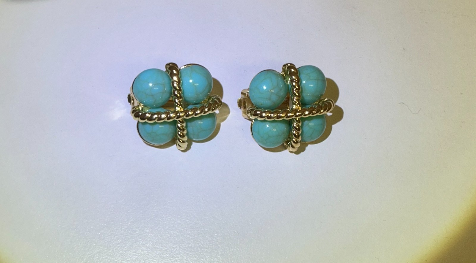 Retro turquoise bead metal square stud clip on earrings vintage style