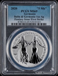 2020 Germania Mint 5Mark 1oz Silver Allegories Italia & Germania PCGS MS69 FS
