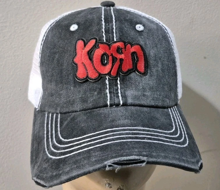 Korn Trucker Hat Distressed Baseball Cap Black & White Meshed Korn Hat
