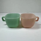 Glasbake Pink & Green Coffee Mug Square Cup Milk Glass Vintage J-2265 USA Made