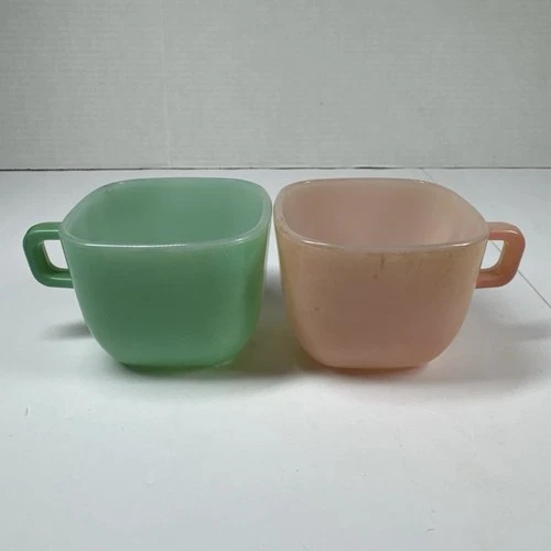 Glasbake Pink & Green Coffee Mug Square Cup Milk Glass Vintage J-2265 USA Made