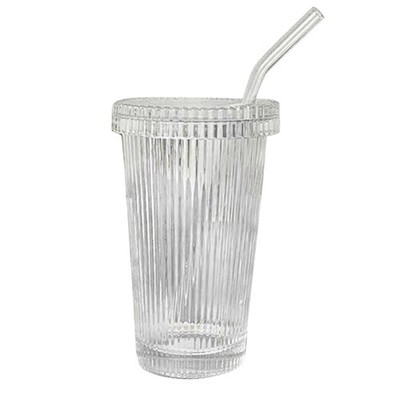 Striped Glass Cup with Straw Drinking Mugs Coffee Drinkware Whiskey Glasses