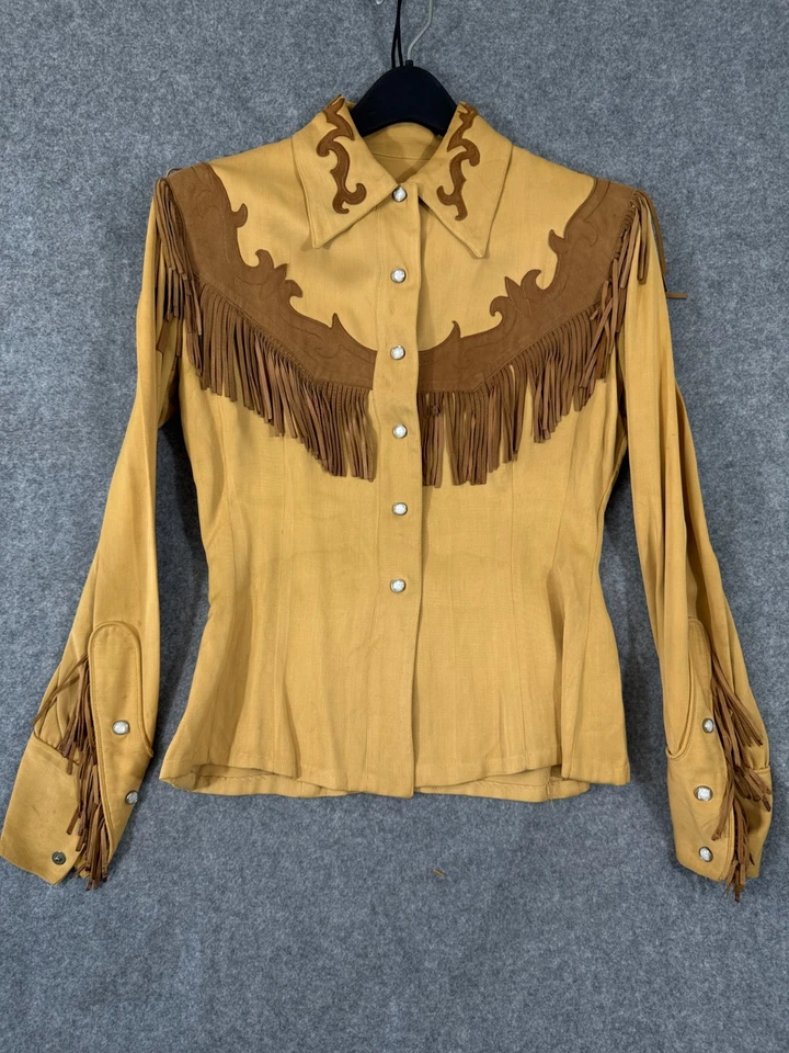 Handmade Tailored Western Fringe Shirt Womens S Beige Pearl Snap Front Vintage - Image 3 of 4