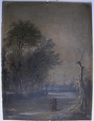 HUILE SUR CARTON. Paysage animé, ancien Style Barbizon, 19° siècle. hpa224 - Photo 1/4