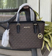 MICHAEL KORS JET SET TRAVEL XS ZIP CROSSBODY TOTE BAG MK BROWN SIGNATURE BLACK