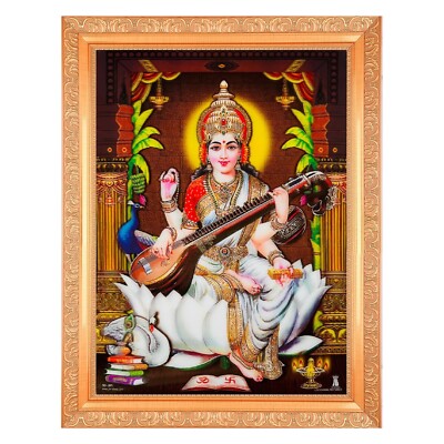 Maa Saraswati Vintage 5D Effect Photo In Golden Frame Big (14 X 18 Inches)