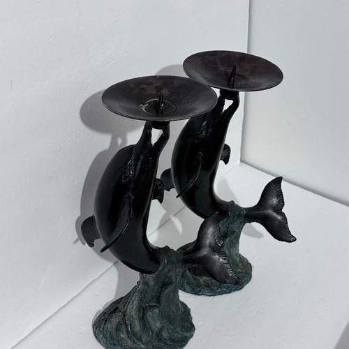 Vintage MCM Verti Gras Brass Cast Iron Dolphin Candlestick Holders Pair 9x14” - Picture 2 of 16